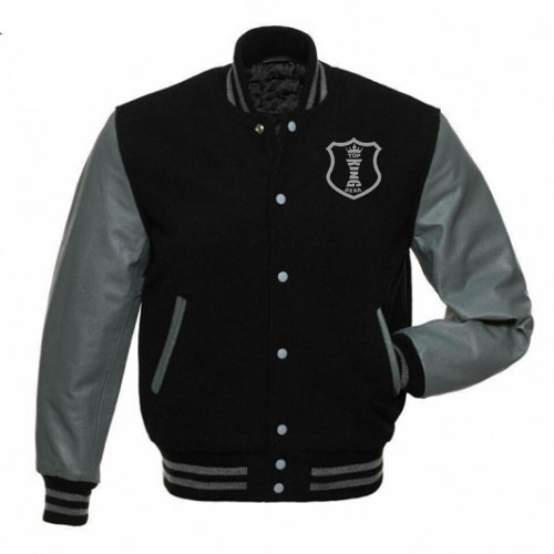 Grey Leather Black Wool Varsity Jacket:-