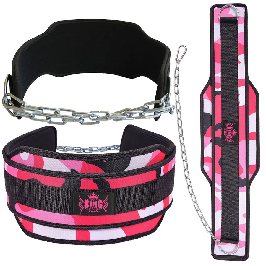 NEOPRENE WEIGHT LIFTING DIP BELT WITH METAL CHAIN PINK CAMO