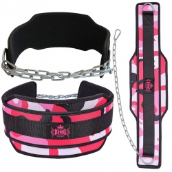 NEOPRENE WEIGHT LIFTING DIP BELT WITH METAL CHAIN PINK CAMO