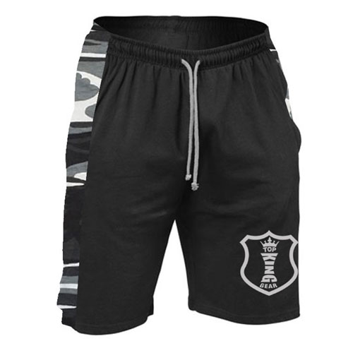 100% Cotton Side Red & Grey Camo Panel Gym Shorts;-