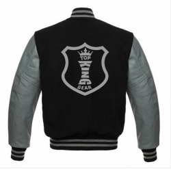 Grey Leather Black Wool Varsity Jacket:-