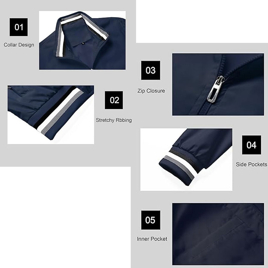 Men Lightweight Bomber Jacket Zip Up with Pockets:-