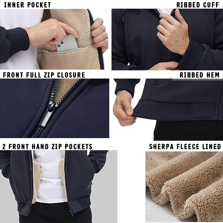 Sherpa Fleece Lined Zip Up Hooded Jacket:-