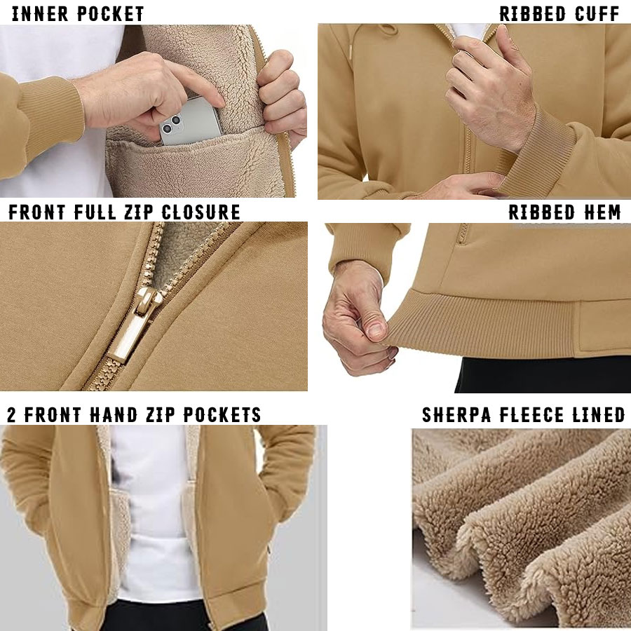 Sherpa Fleece Lined Zip Up Hooded Jacket:-