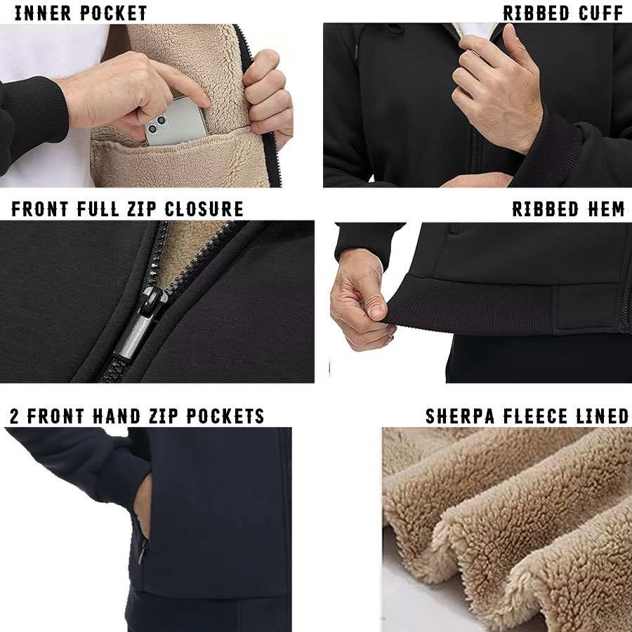 Sherpa Fleece Lined Zip Up Hooded Jacket:-